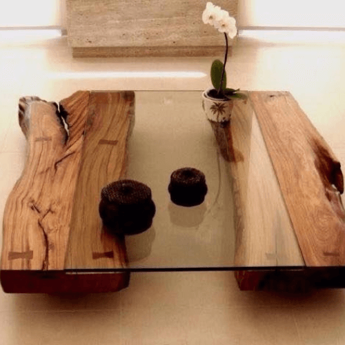 tavolino basso da salotto in legno recupero e vetro