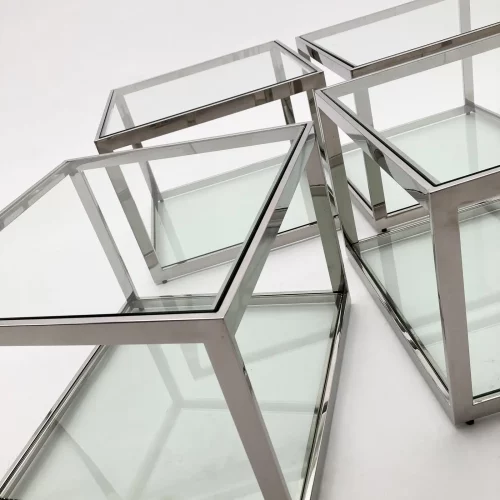 Set 4 Tavolini quadrati da salotto in acciaio e vetro