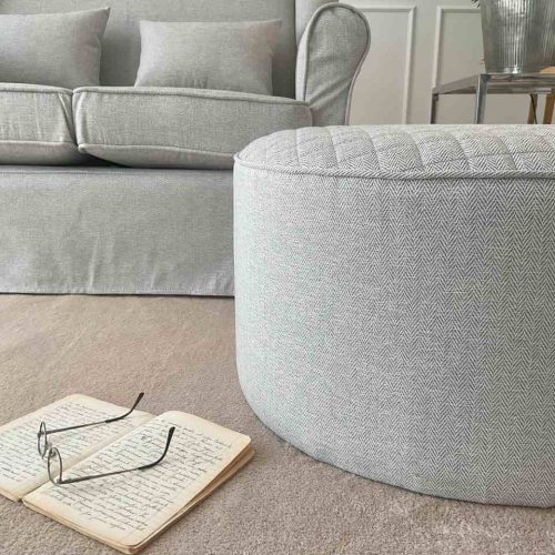 Pouf rotondo grande in tessuto grigio da salotto